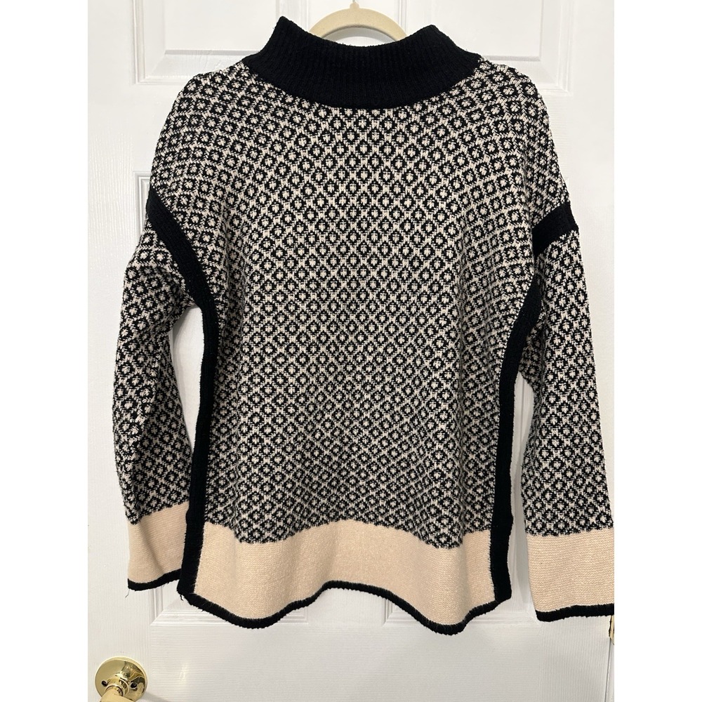 J.Jill Black Ivory Geometric Knit Mock Neck Pullover Sweater Long Sleeve S